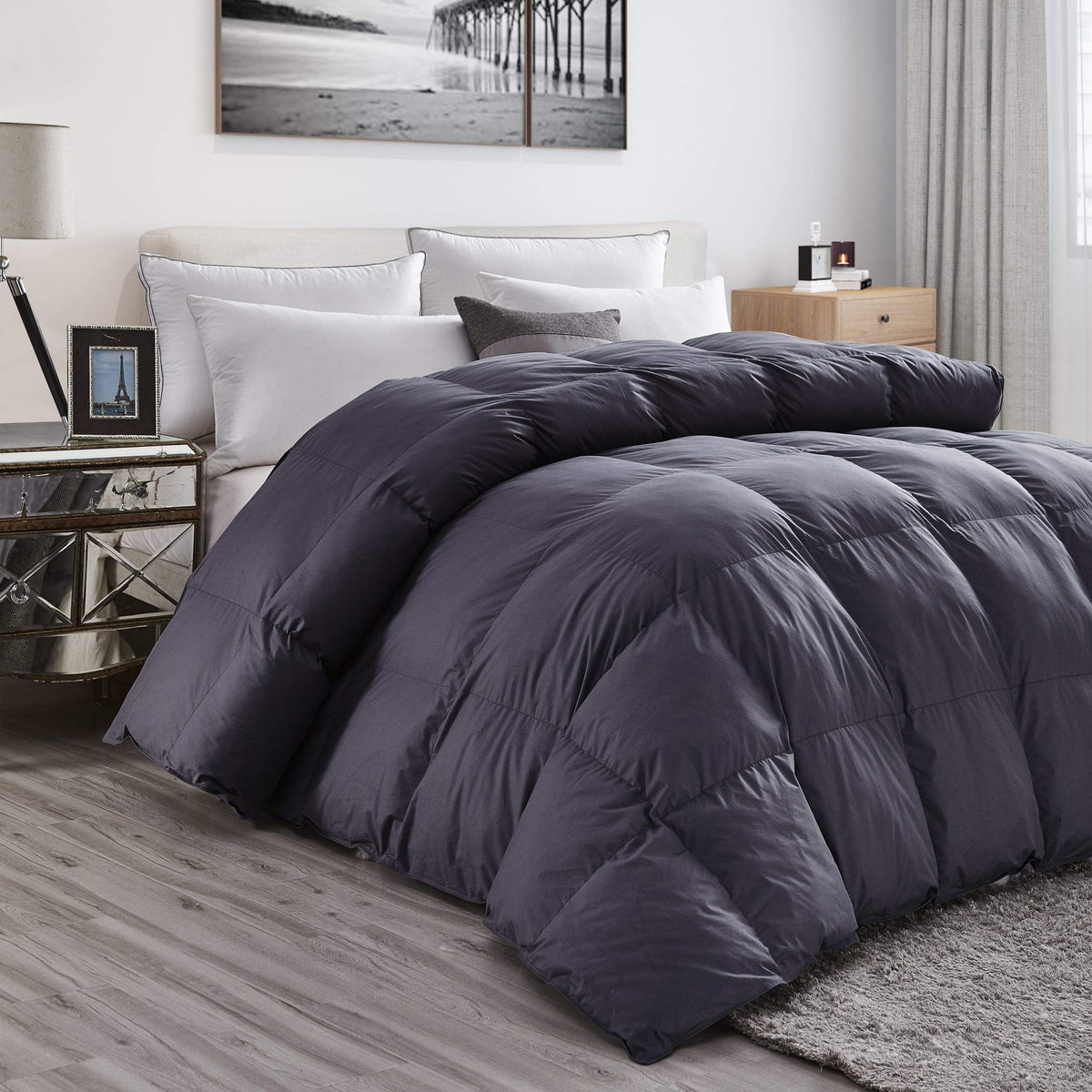 Luxurious Light Weight Goose Down Comforter Full Size Duvet Insert, Classic Gray, Premium Baffle Box, 1200 Thread