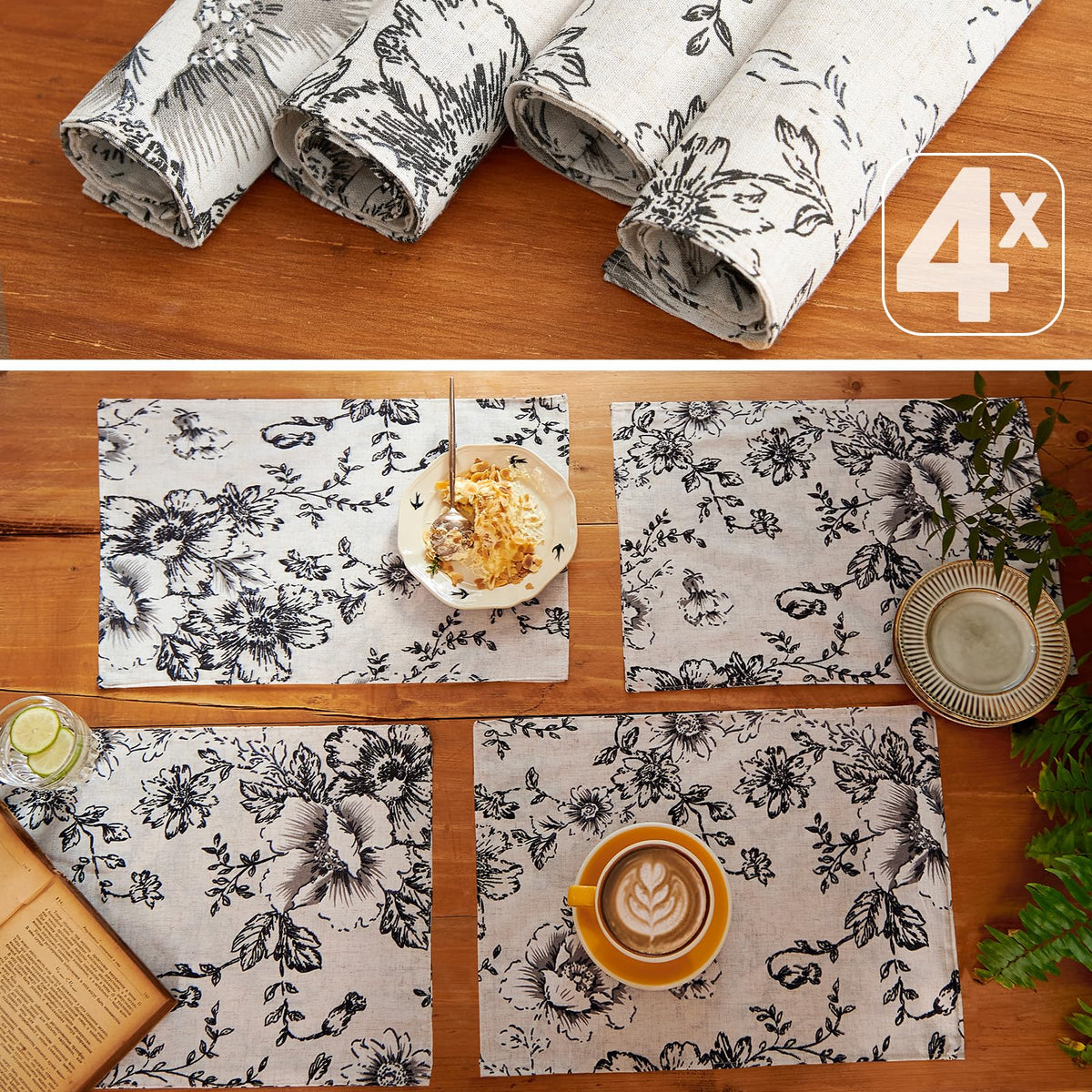 Alice Linen Floral Placemats Set of 4 Farmhouse 13x19 Inch Black