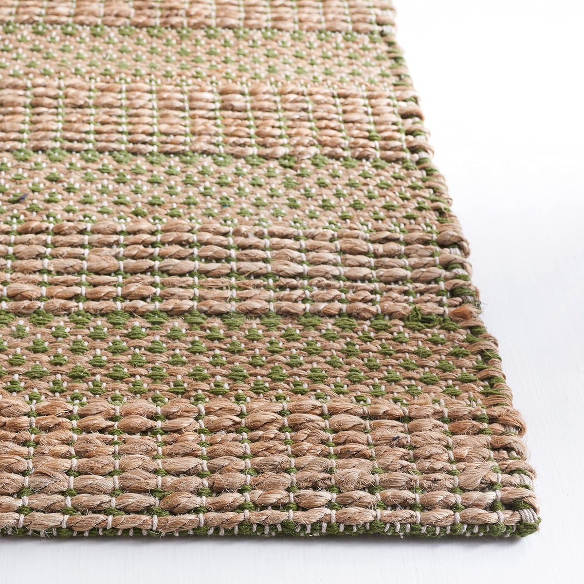 Natural Fiber Area Rug, Green & Natural, Handmade Boho Farmhouse Rustic Jute & Cotton Jute