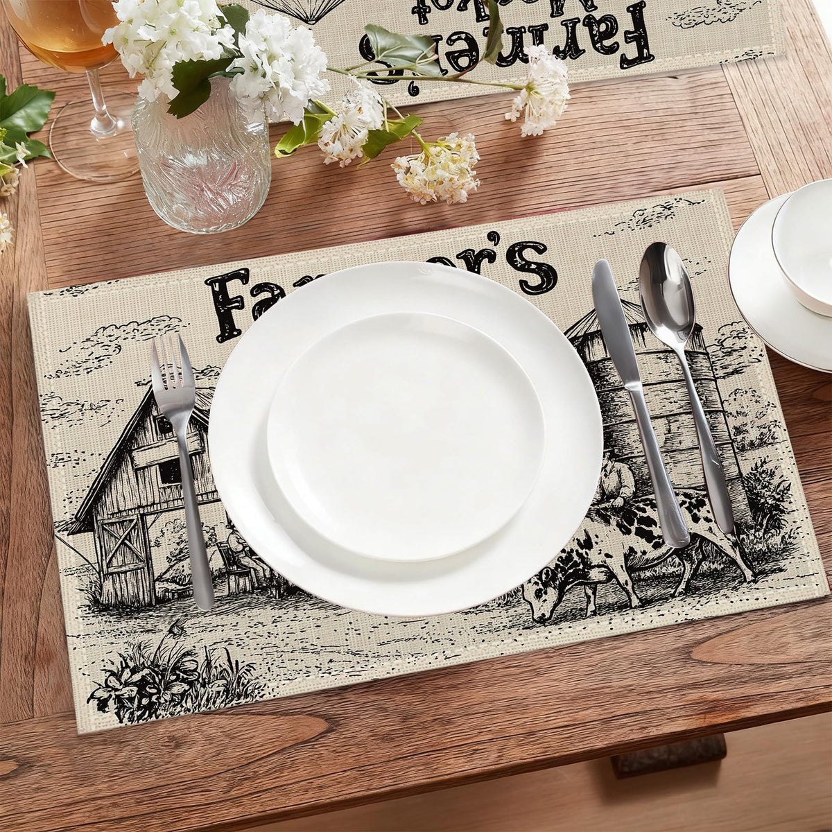 Vintage Farmhouse Cloth Placemats,Rustic Country Heat-Resistant Table Placemats Set of 6, Washable Linen Place Mats