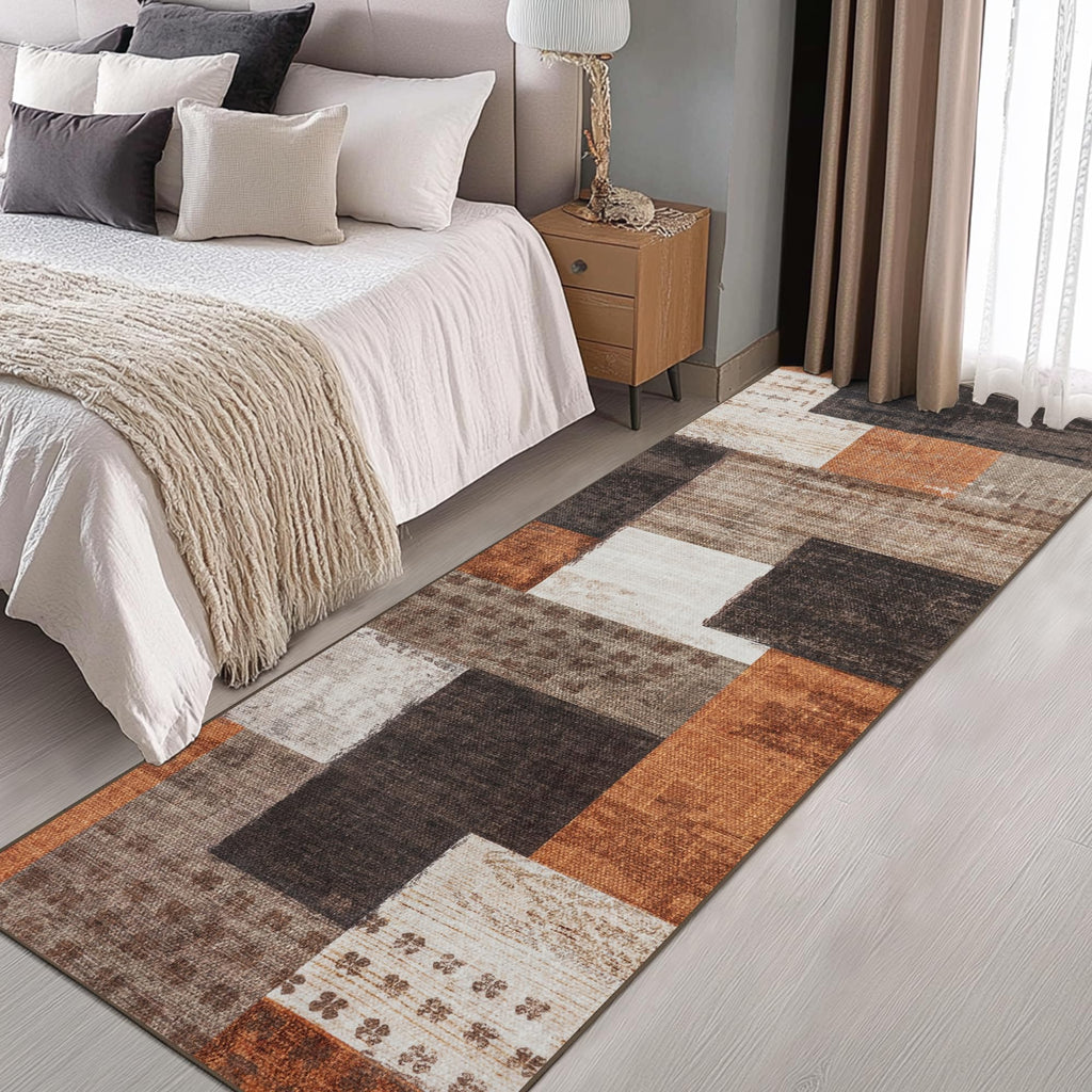 Modern Geometric Patchwork Indoor Runner Rug, Orange Rug Rockwood Collection Hardwood Floors Decor, Throw