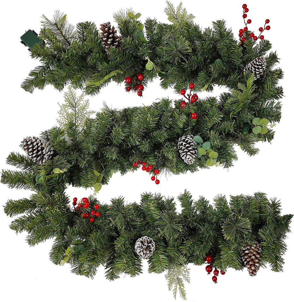 Prelit Christmas Garland 9 ft with Lights - Red Style Pre lit Garland for Christmas Holiday Decorations. Thick Branch