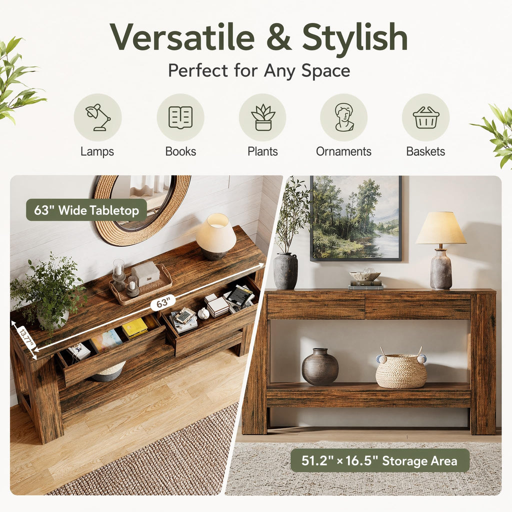 63 Inch Farmhouse Console Table with 2 Drawers and Open Shelf