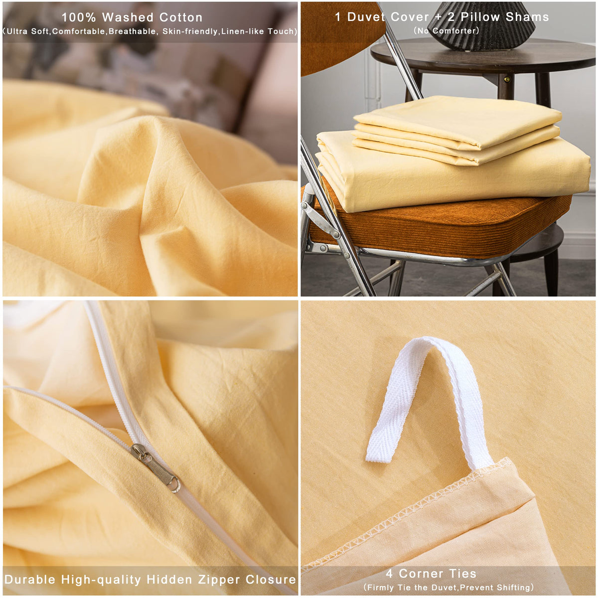 Washed Cotton Duvet Cover Ultra Soft 100% Cotton Solid Color Cream Yellow Duvet Cover Set with Zipper Closure