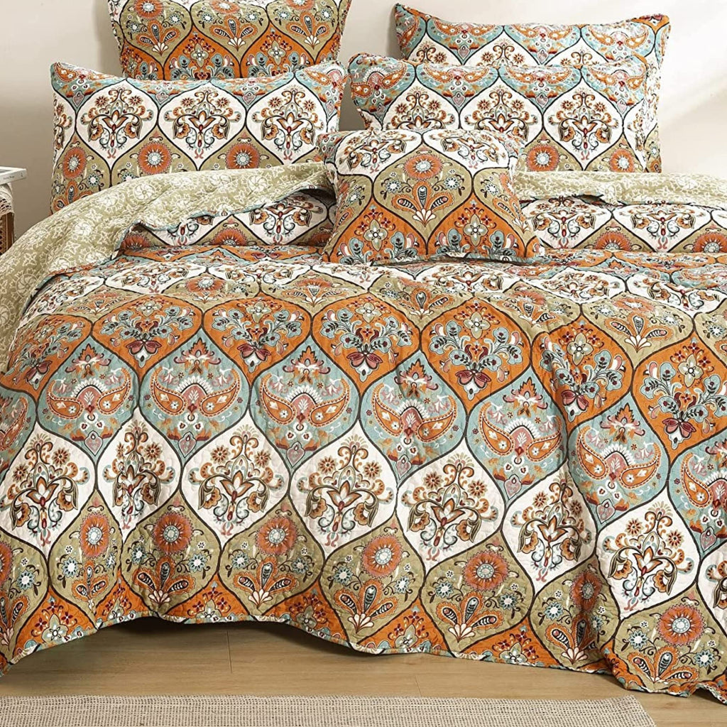 Bohemian Bedspread Set - Floral Paisley Garden Party Reversible Coverlet - Bright Vibrant Multi-Colorful Blue Salmon