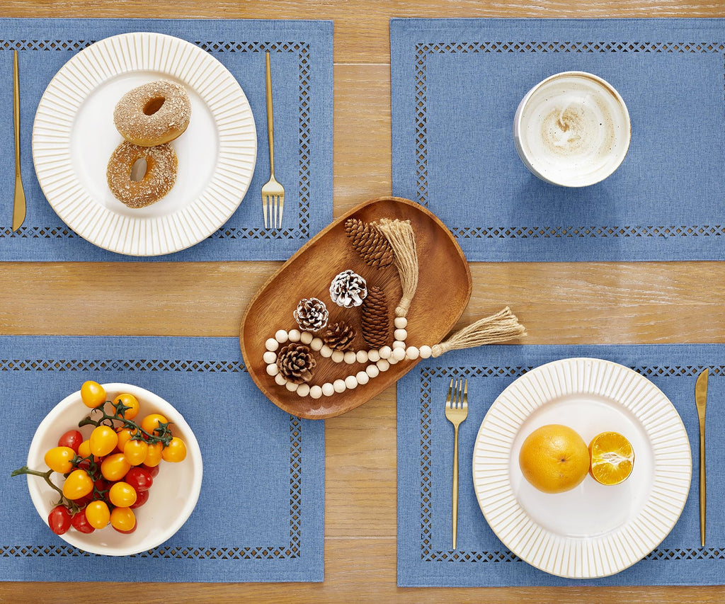 Farmhouse Burlap Place Mats, Blue Placemats Set of 6, 12 x 18 Inch