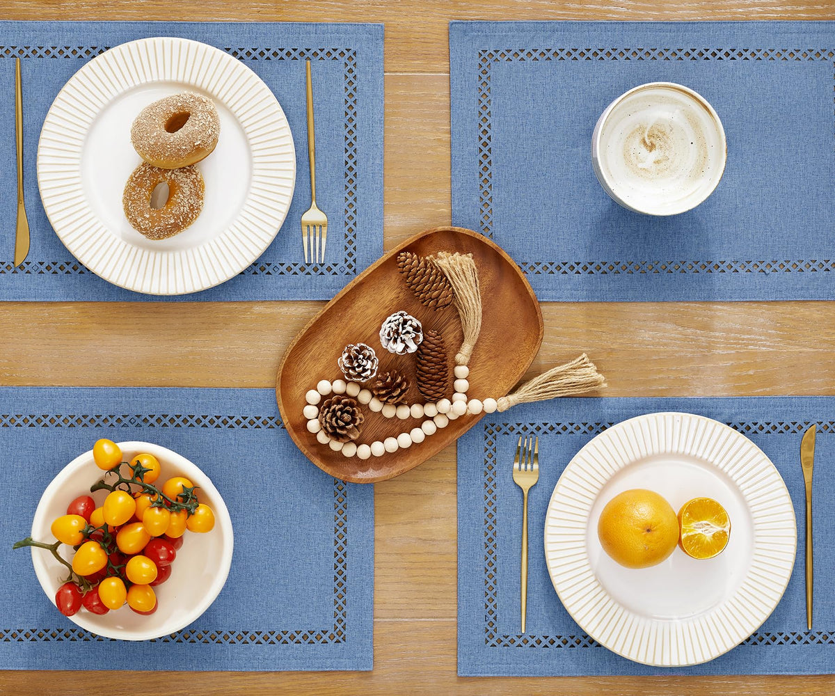 Farmhouse Burlap Place Mats, Blue Placemats Set of 6, 12 x 18 Inch