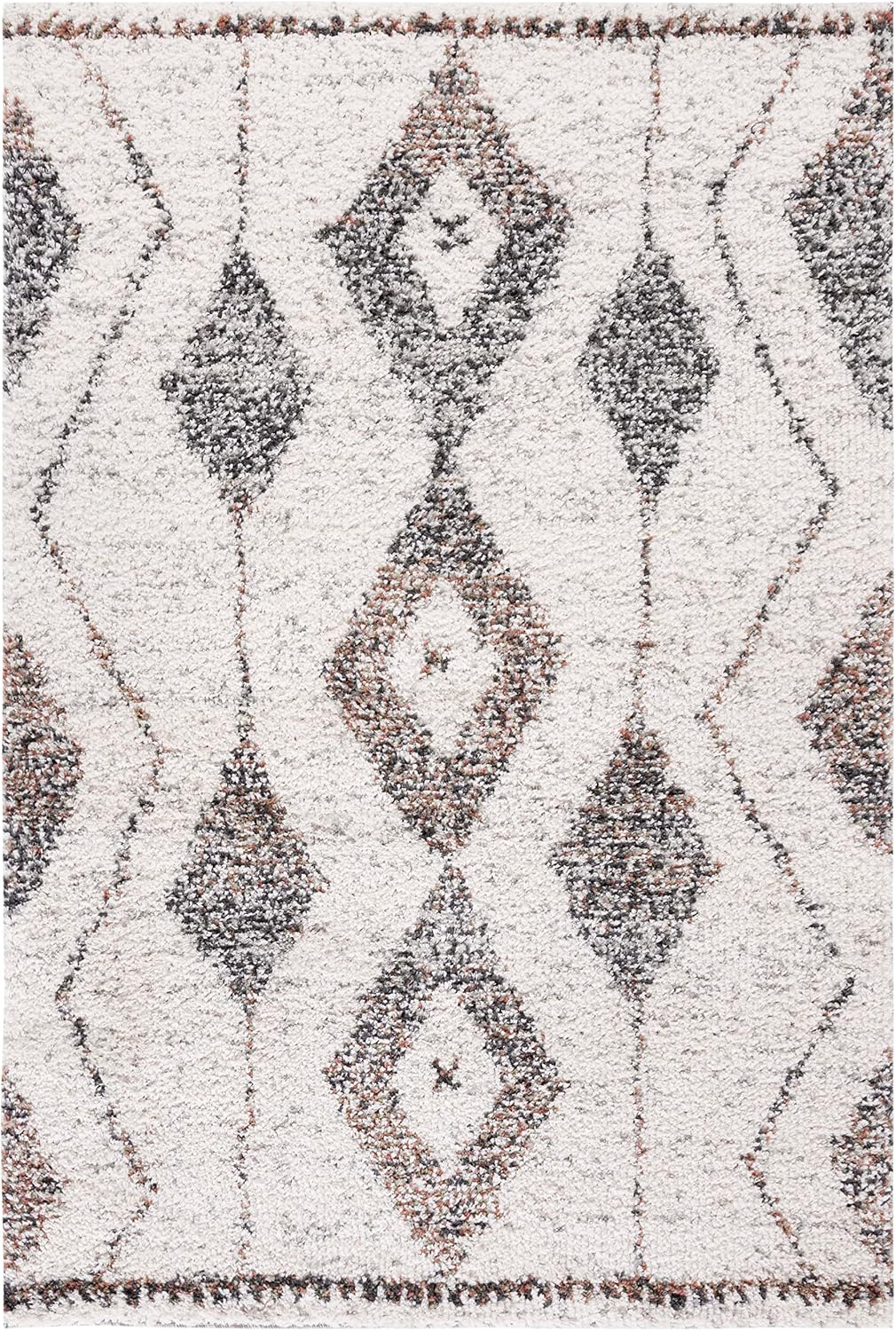 Jericho Shag Collection Area Rug, Ivory & Black, Moroccan Boho Design, Non-Shedding & Easy Care