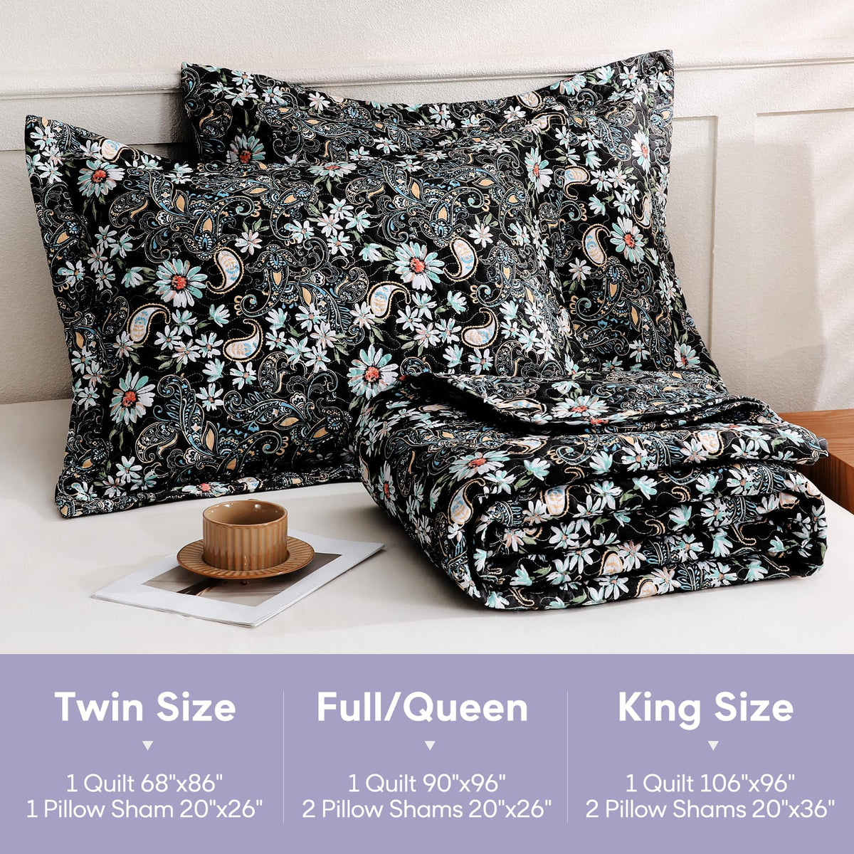 Black Paisley Floral Quilt Set, Microfiber Quilted Blanket