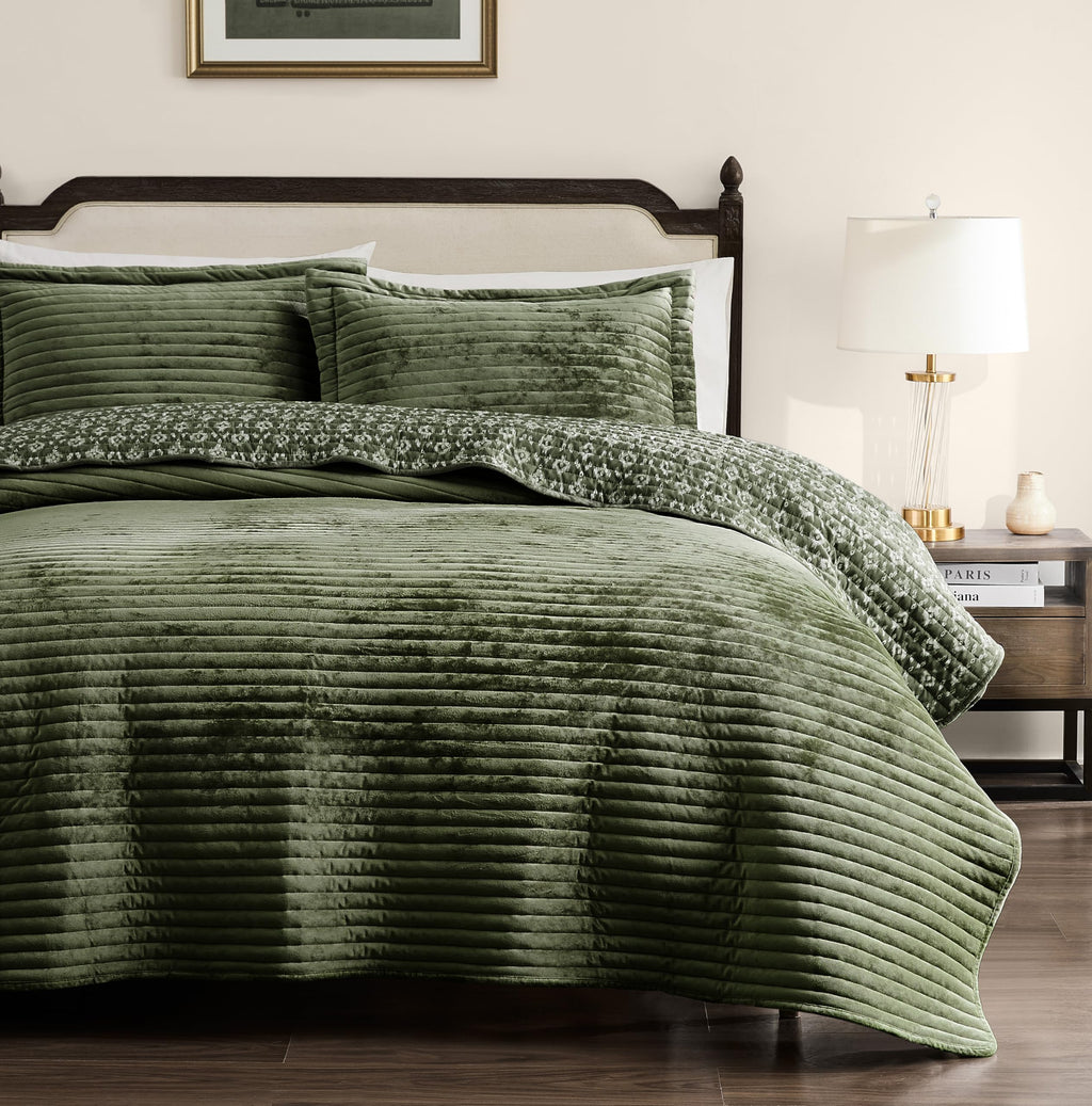 Green Velvet Quilt Set - Striped Soft Lightweight Bedspread, Neutral Channel Farmhouse Country Rustic