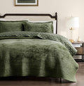 Green Velvet Quilt Set - Striped Soft Lightweight Bedspread, Neutral Channel Farmhouse Country Rustic