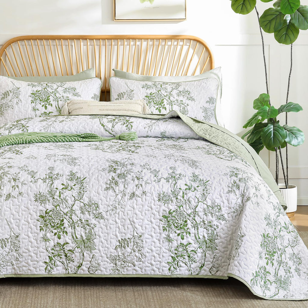 Floral Quilt Set, 3 Pcs Sage Green Bedspreads Coverlets