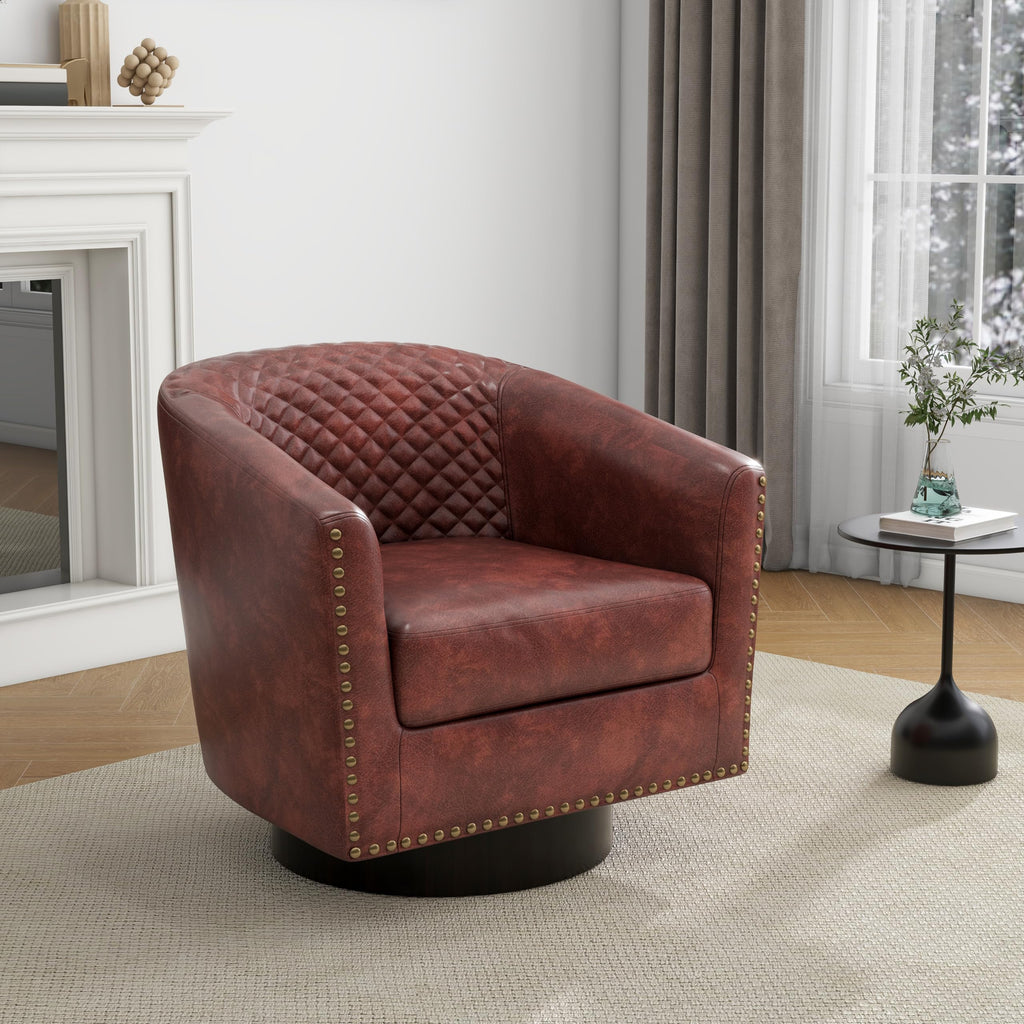 PU Leather Swivel Accent Chairs Set of 4, Barrel Club Chair, Red Brown