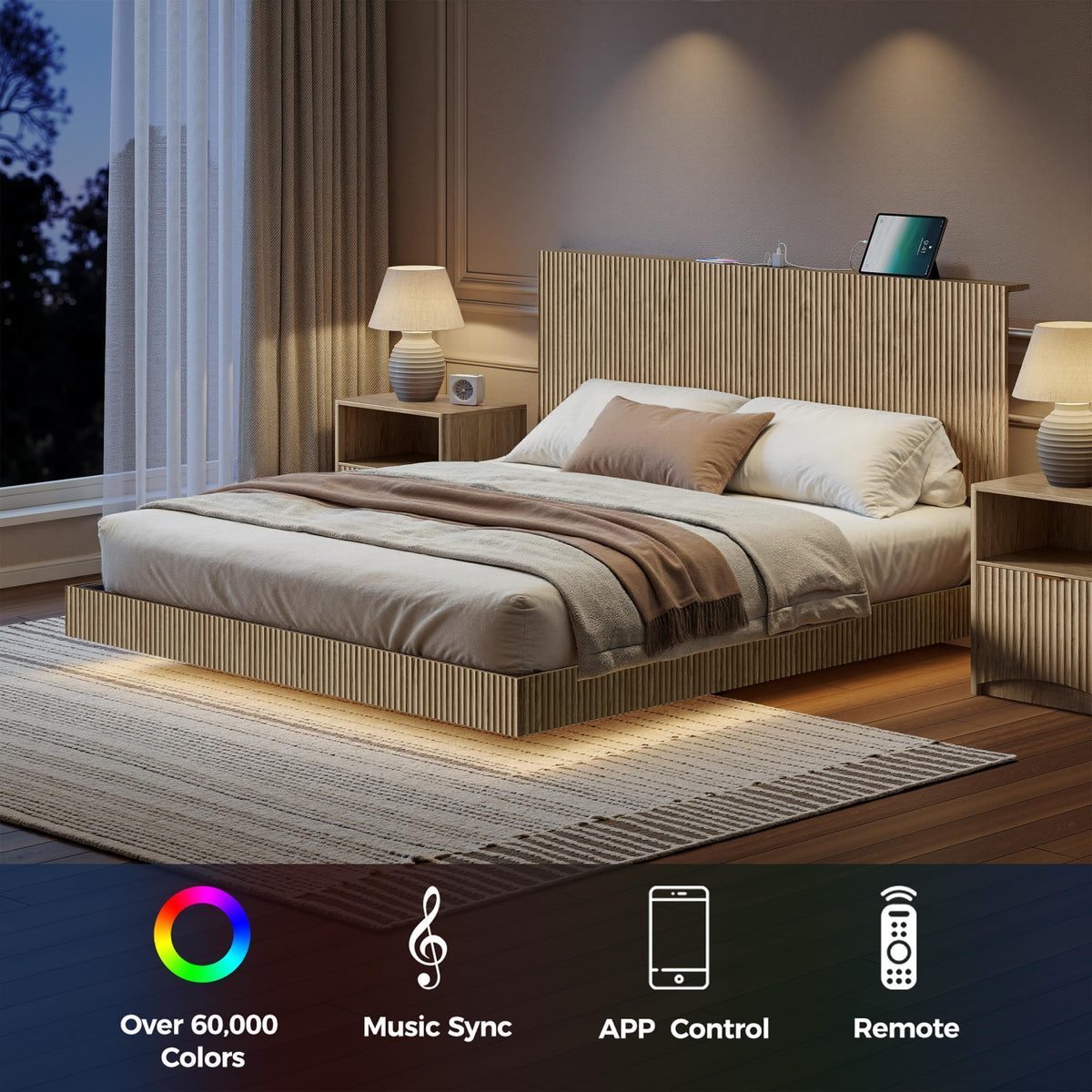 Oak King Floating Bed Frame with Headboard & Charging Station