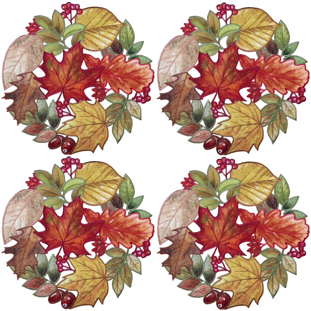 Fall Placemats Set of 4, 15 Inch Round Autumn Maple Leaves Cutwork Embroidered Placemats, Harvest Thanksgiving Table