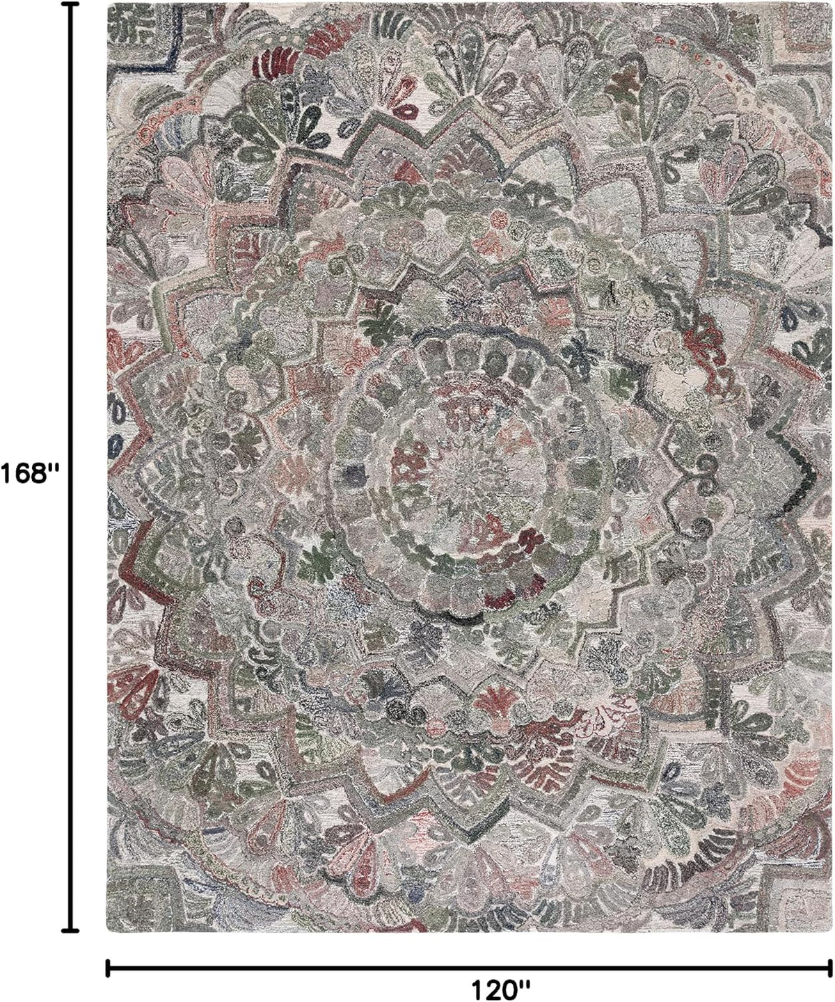 Marquee Collection Area Rug, Grey & Multi, Handmade Mandala Medallion Wool, Ideal for High Traffic Areas