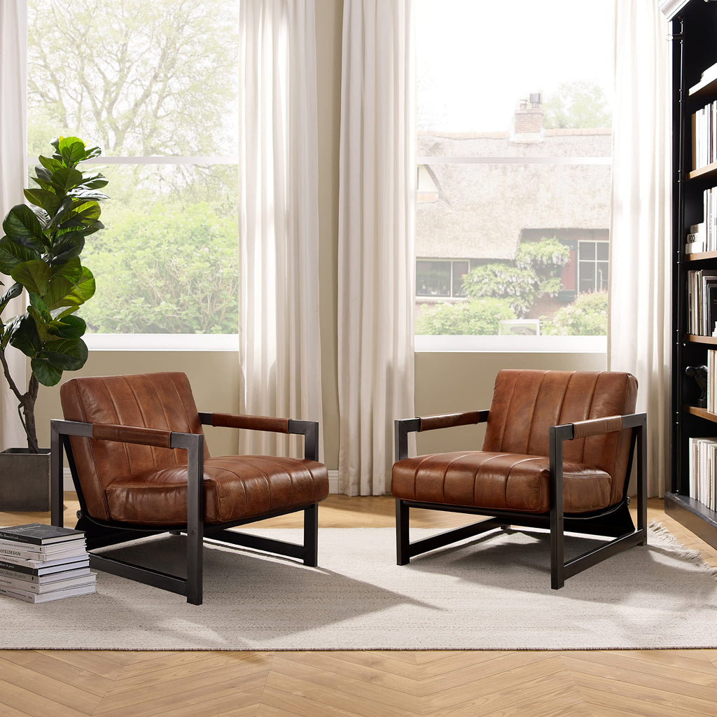 Genuine Leather Accent Chair, Set of 2, Mid Century Modern Arm Chairs, Living Room Sofa Chairs with Black Metal