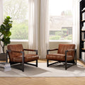 Genuine Leather Accent Chair, Set of 2, Mid Century Modern Arm Chairs, Living Room Sofa Chairs with Black Metal