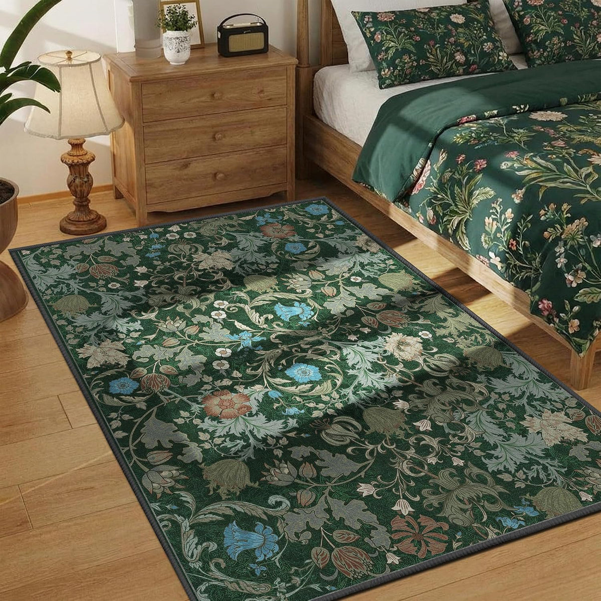 Floral Rug, Washable Rug Non Slip, Forest Green