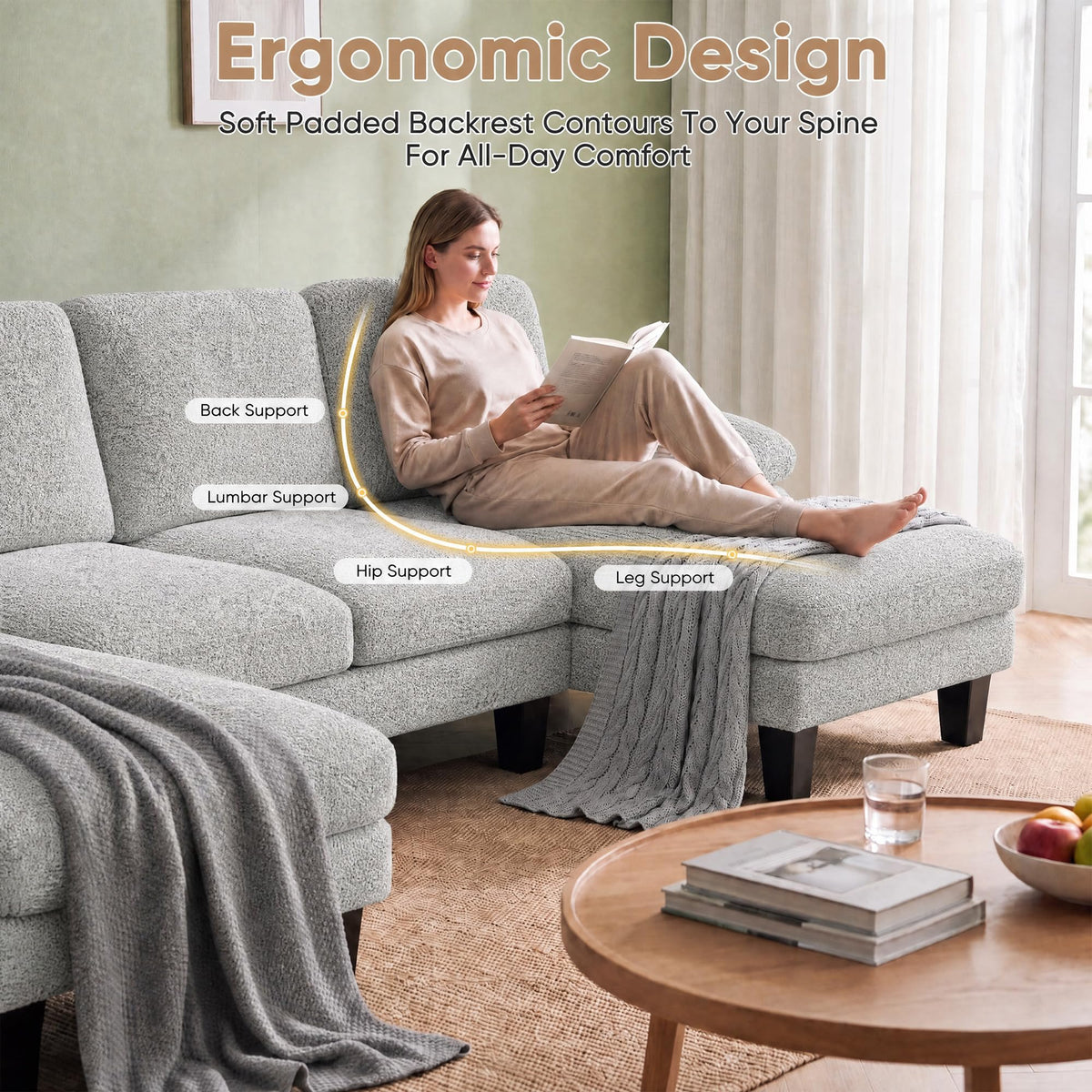 105" U-Shaped Sectional Couches, Sofa Couch with Double Chaise, Grey