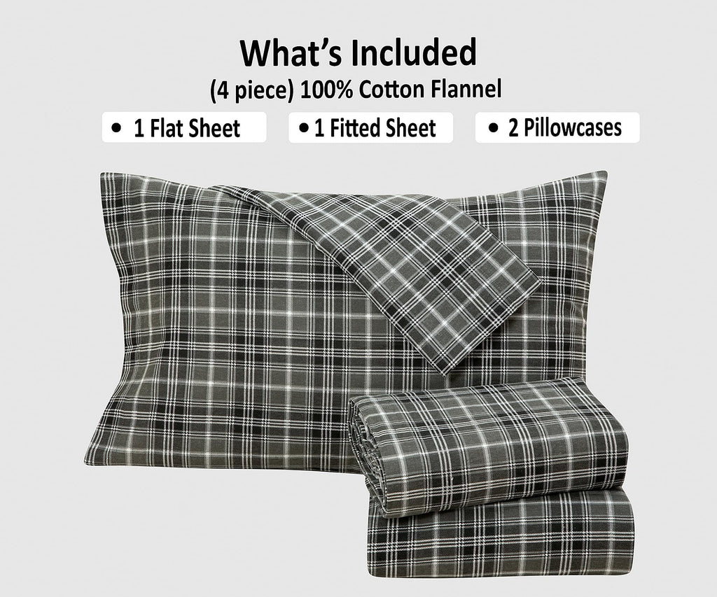 4 Piece 100% Cotton Flannel Sheets Bed Set - Warm & Extra Soft - Deep Pockets, Breathable, All Seasons