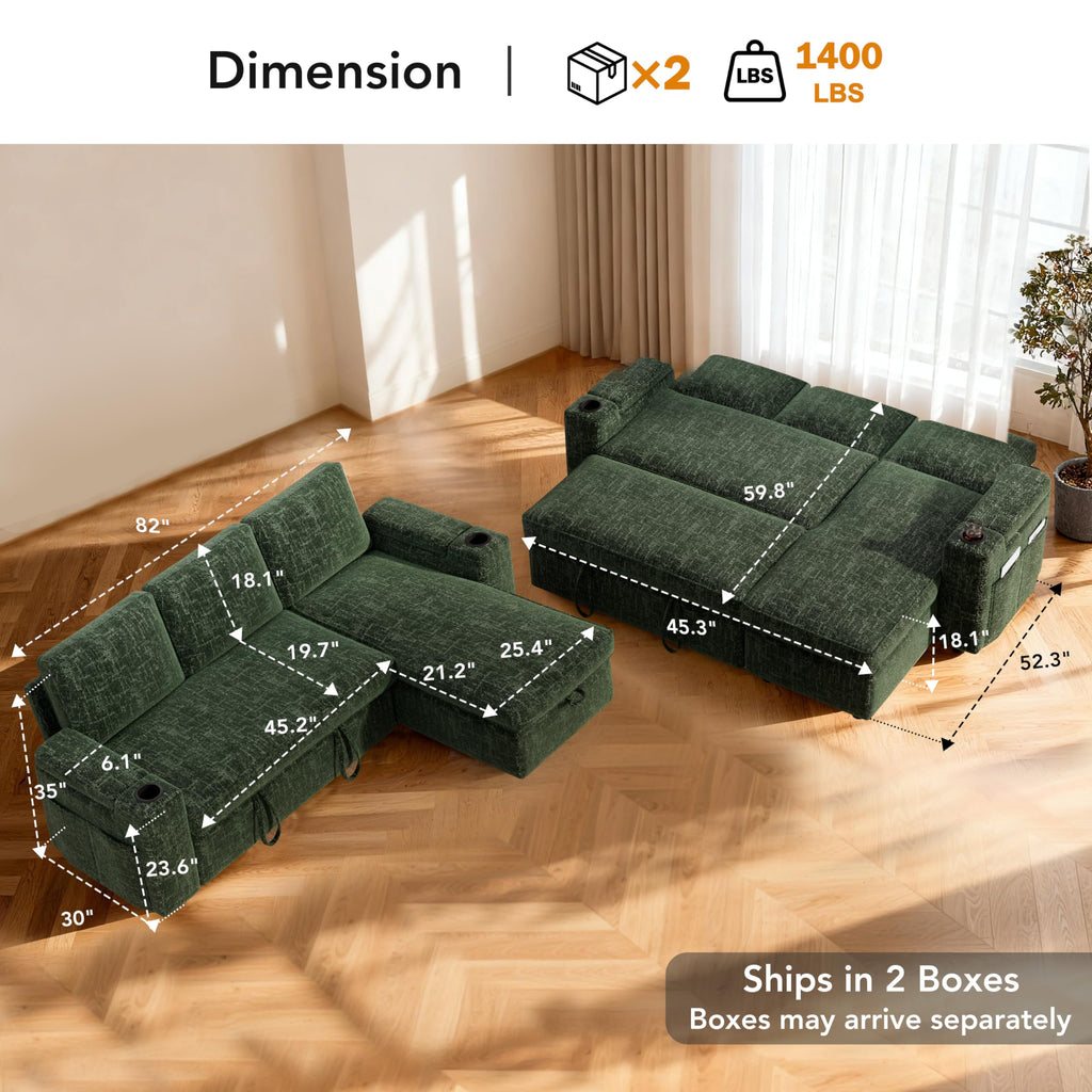 82" L-Shaped Sleeper Sofa with Pull Out Bed, Sectional Couch with Reclining Backrest, Reversible Storage Chaise