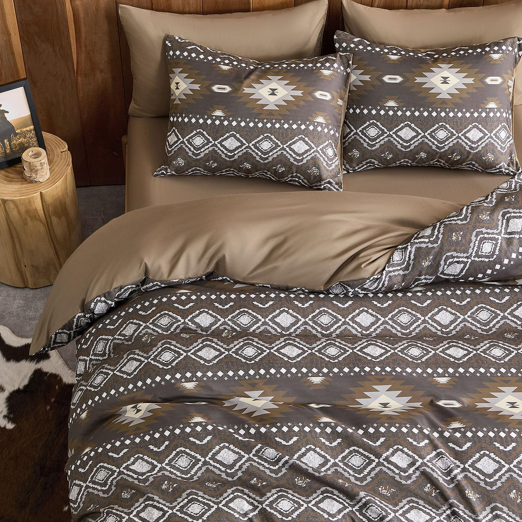 Comforter Set, Southwestern Aztec Country Style with Rustic Ranch Vibe, Soft Lightweight Bedding, 3 Pieces, Taupe