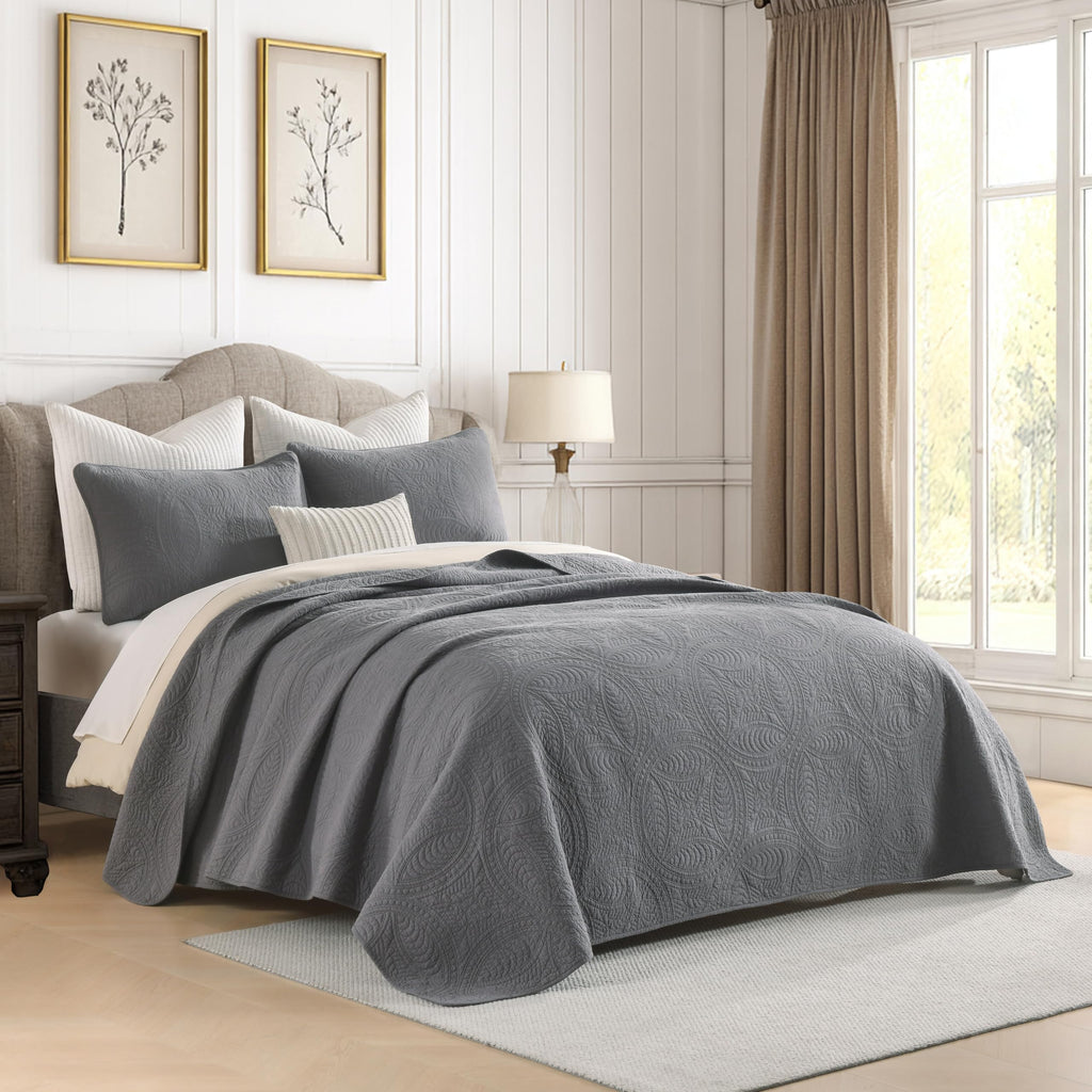 Cotton Quilt Set, 3-Piece Coin Pattern Bedspread, Lightweight Pre-Washed Coverlet, Solid Modern