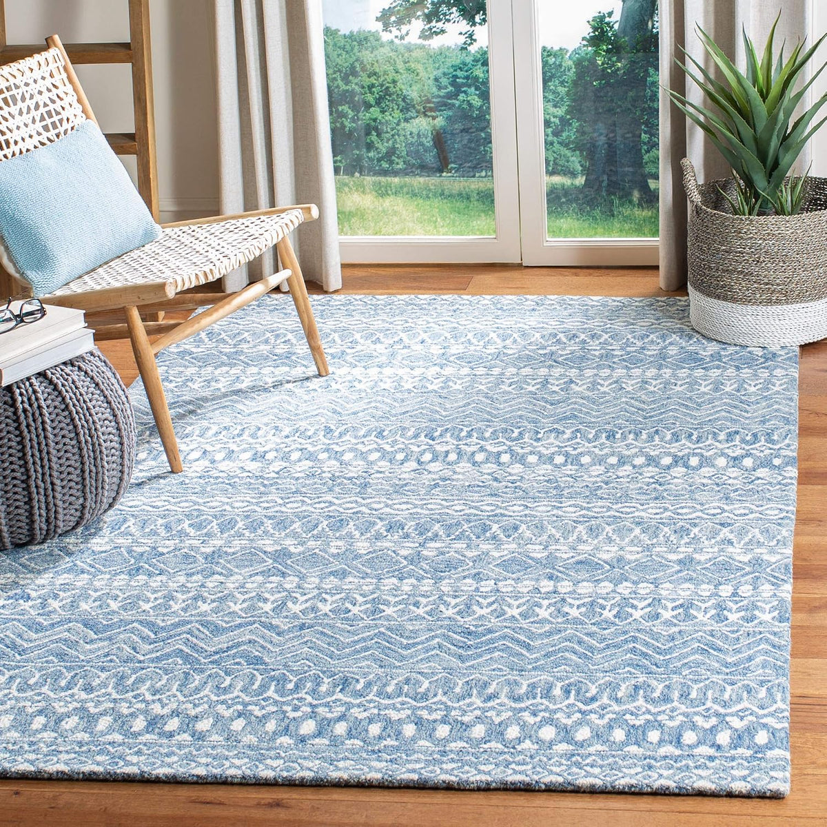 Micro-Loop Area Rug, Blue & Ivory, Handmade Moroccan Boho Tribal Wool