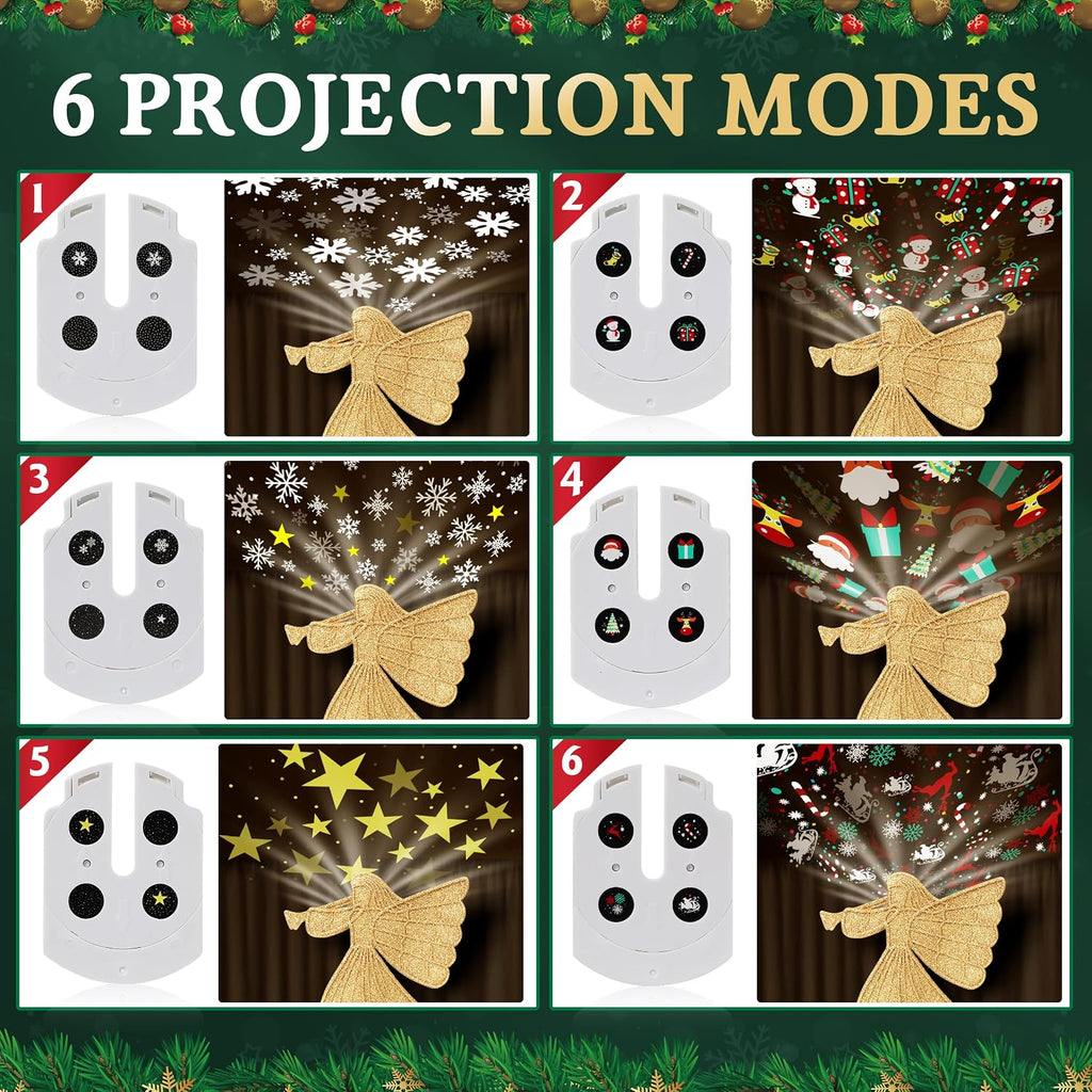Tree Topper Lighted with 6 Projection Modes, Gold Christmas Angel Tree Topper Built-in LED Rotating Light, 3D Glitter