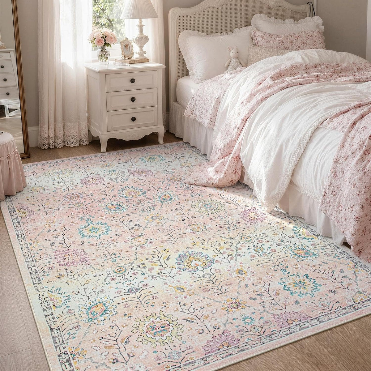 Pink Rug for Girls Bedroom, Soft Washable Floral Dorm Rug, Boho Non Slip Pastel Classroom Carpect Room, Kids