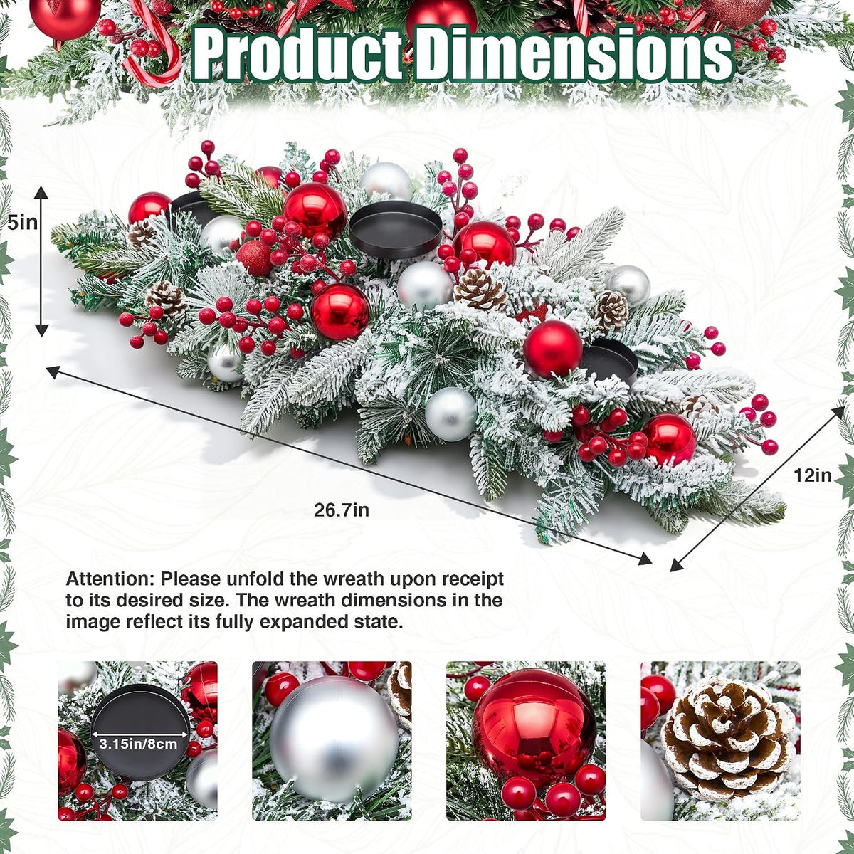 Christmas Centerpieces for Tables Decorations with 3 Candle Holder
