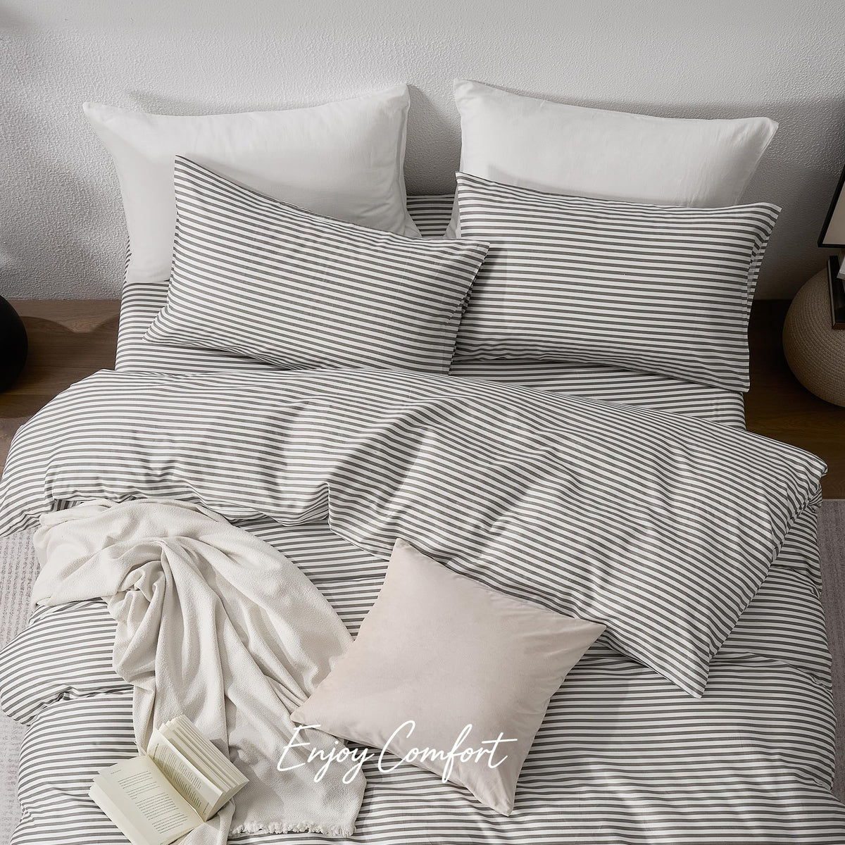 100% Cotton Classic Striped Duvet Cover Set, Grey