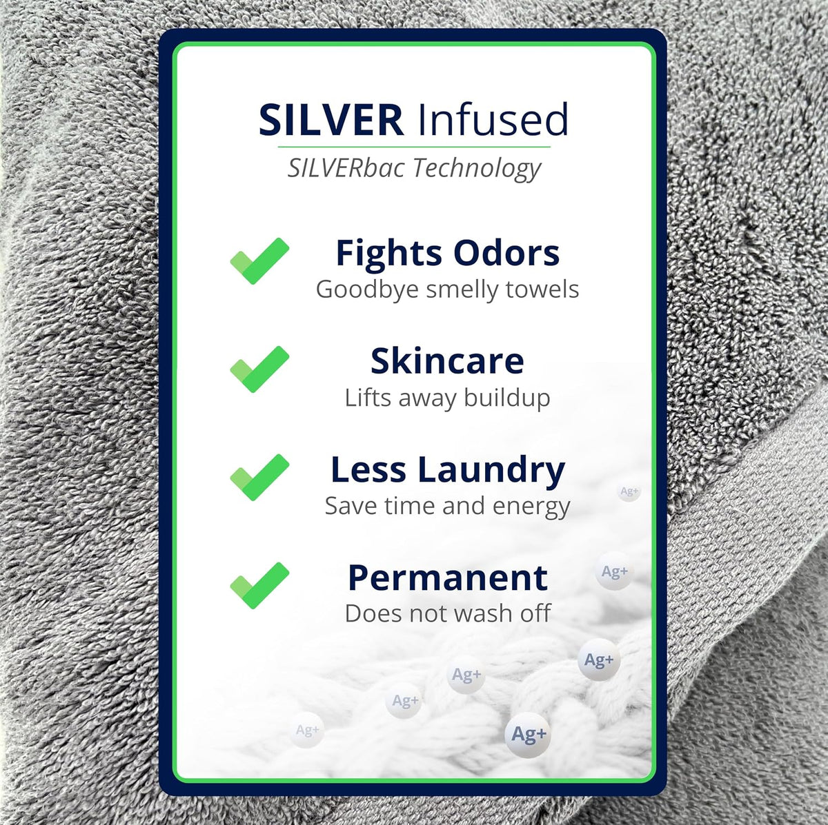 3PC Turkish Cotton Bath Towel Set, Silver-Infused (Green) | Plush 700 GSM set includes 58x30" bath towel, 30x16" hand