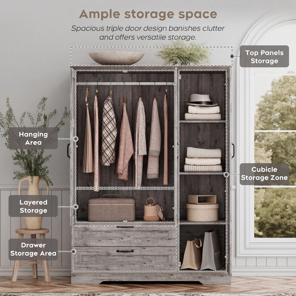 Armoire Wardrobe Closet with 3 Door, Bedroom Wooden Armoires with Full Length Mirror, Large Clothing Storage Cabinet