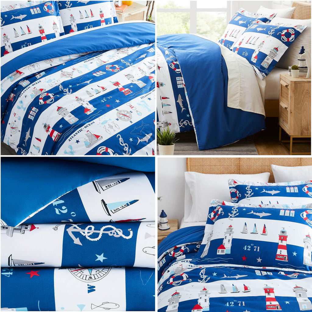 2 Piece Bedding Duvet Cover Set w/ Sham Reversible, Coastal Blue