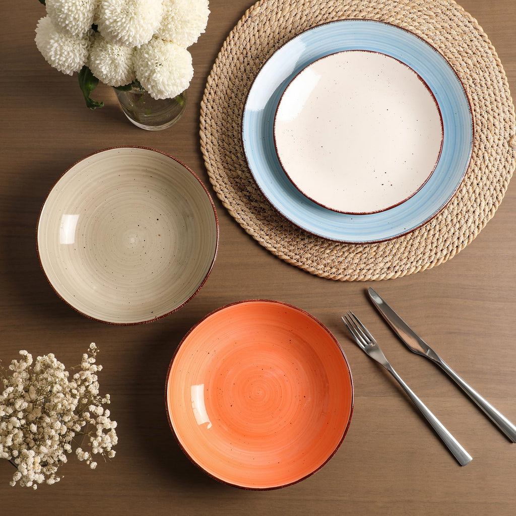 Stoneware Dinnerware Sets, 18 Piece Glossy Plates and Bowls Sets, Scratch Resistant Dishes, Microwave & Dishwasher
