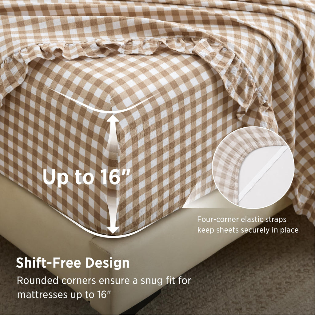 Gingham Sheets, 4 Piece Brown Ruffle Farmhouse Bedsheet