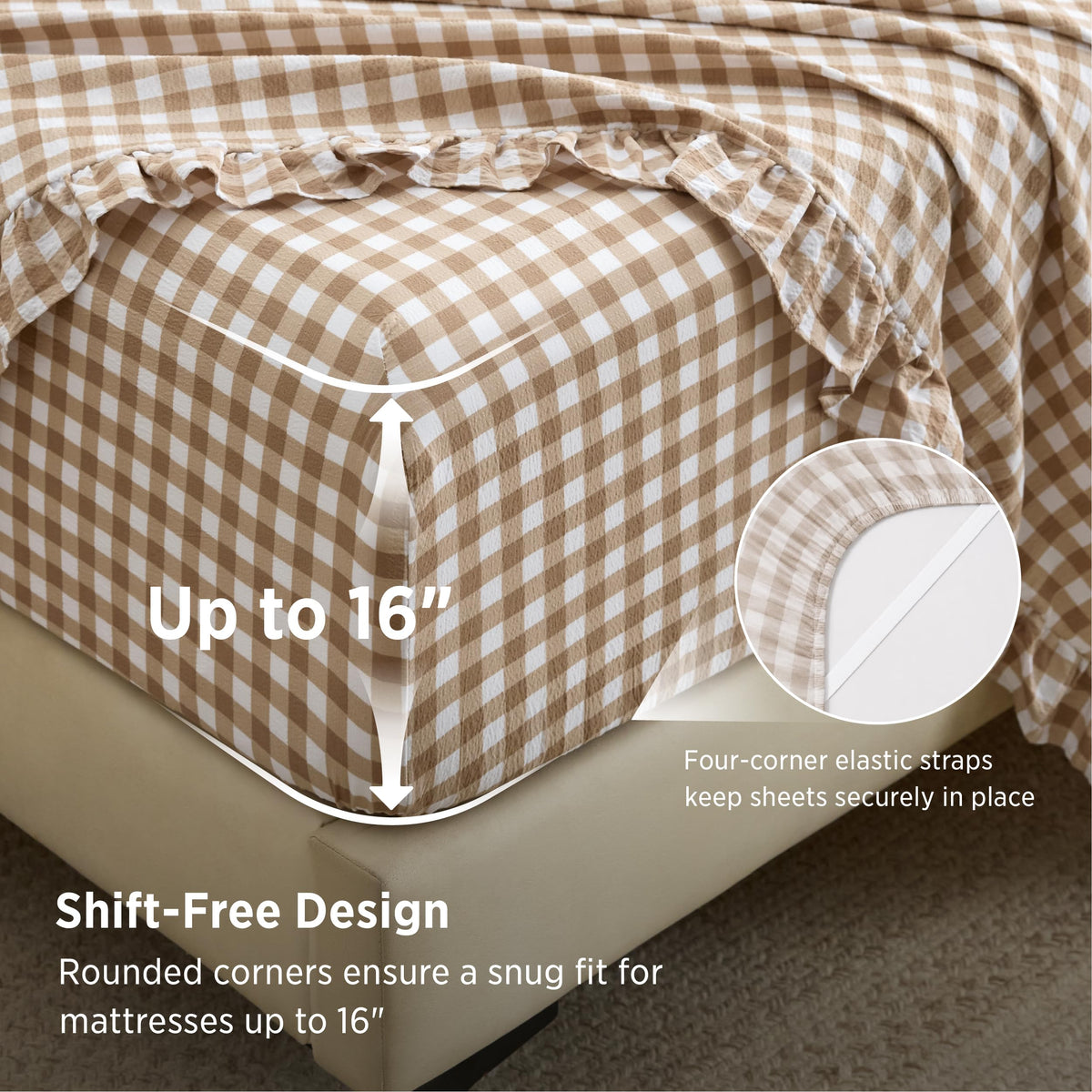 Gingham Sheets, 4 Piece Brown Ruffle Farmhouse Bedsheet