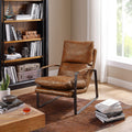 Genuine Leather Accent Chair, Mid Century Modern Living Room Chair Lounge Sofa Chair with Black Metal Frame, Cognac
