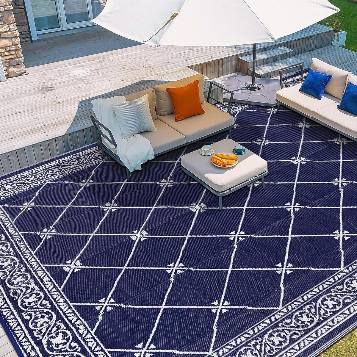 Outdoor Rug 8'x10' s, Waterproof Trellis Blue & White Outside Mat for Front Porch,Beach, Reversible Plastic Straw