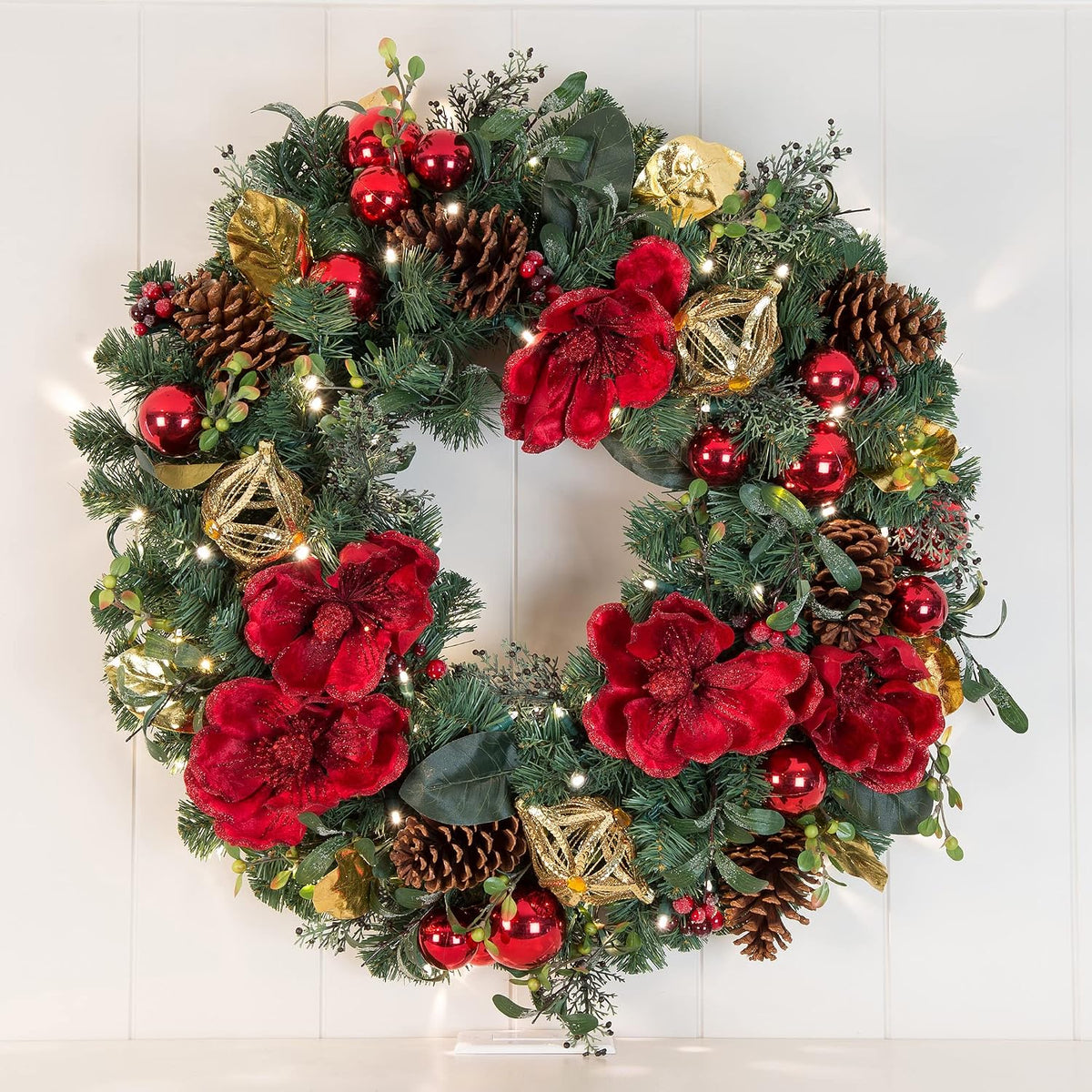 30 Inch Pre-Lit Artificial Christmas Wreath, Red Magnolia