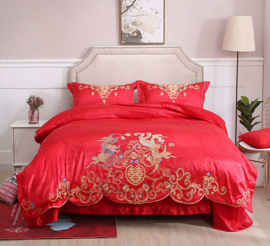 Chinese Wedding Bedding Set Queen 4Pcs - Red Satin Sheets with Dragon & Phoenix Embroidery, 100% Cotton Satin, Duvet