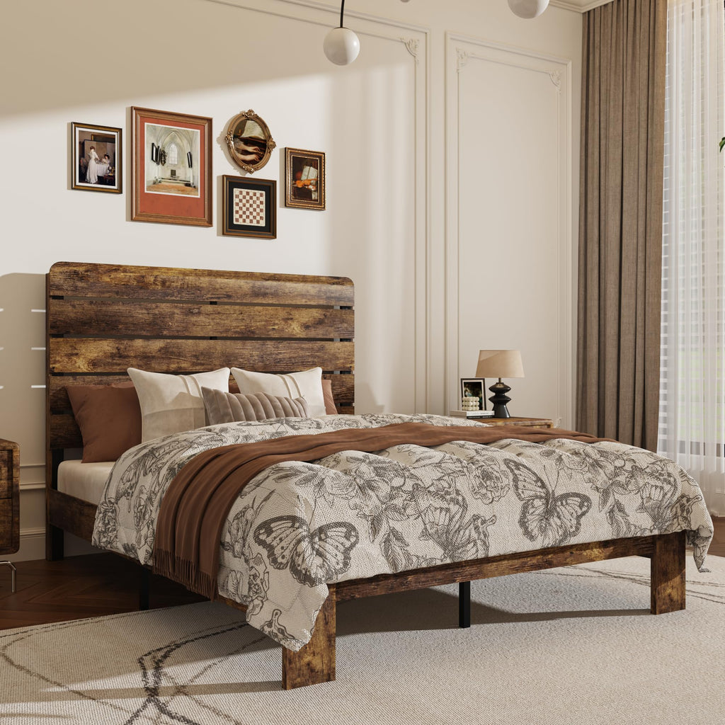 Wooden Bed Frame with Headboard, Rustic Farmhouse Platform Bedframe with Wood Slat Support, Sturdy and No