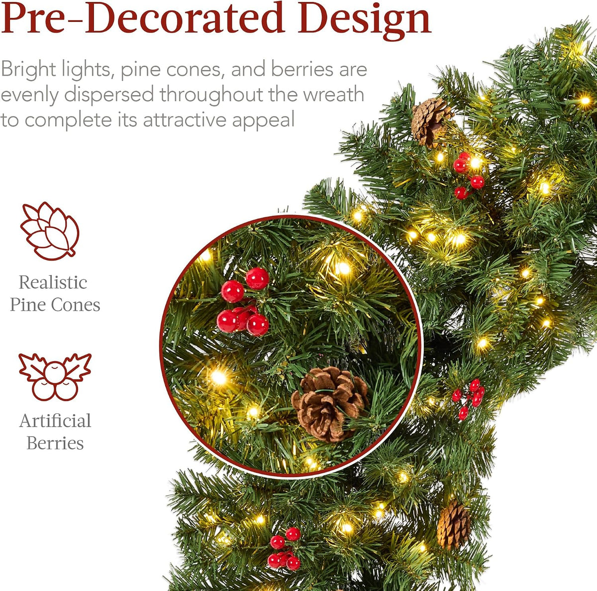 48in Pre-Lit Christmas Wreath w/Berries & Pinecones, Large Artificial Indoor/Outdoor Decor for Door, Mantel w/Red