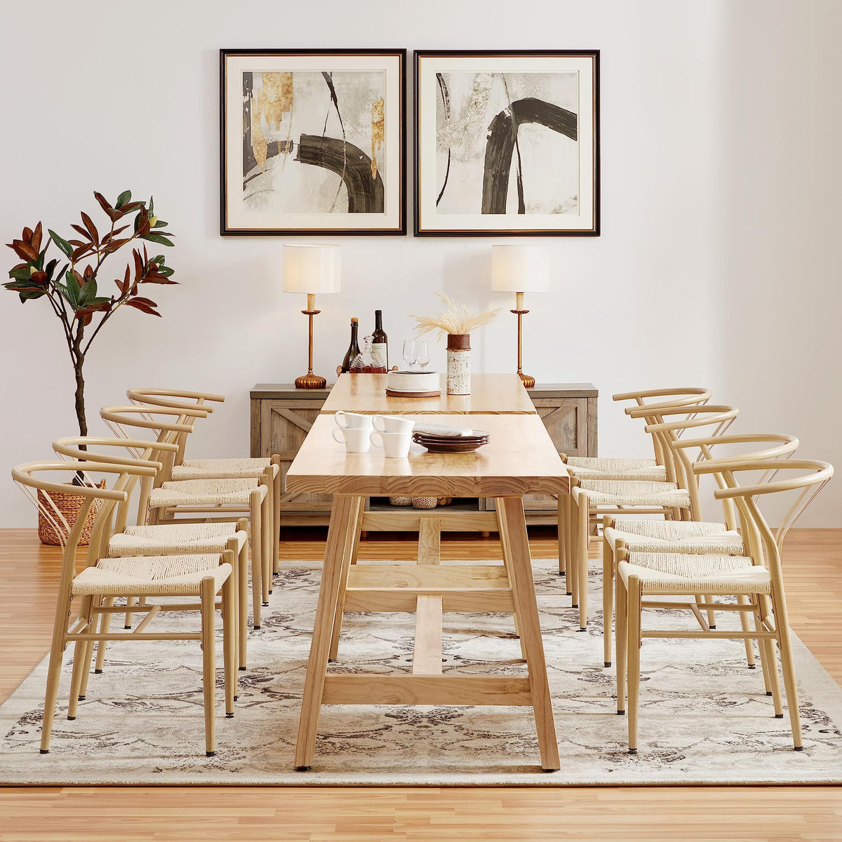 Dining Chairs Set of 6 Mid Century Modern Woven Chairs Wood Color
