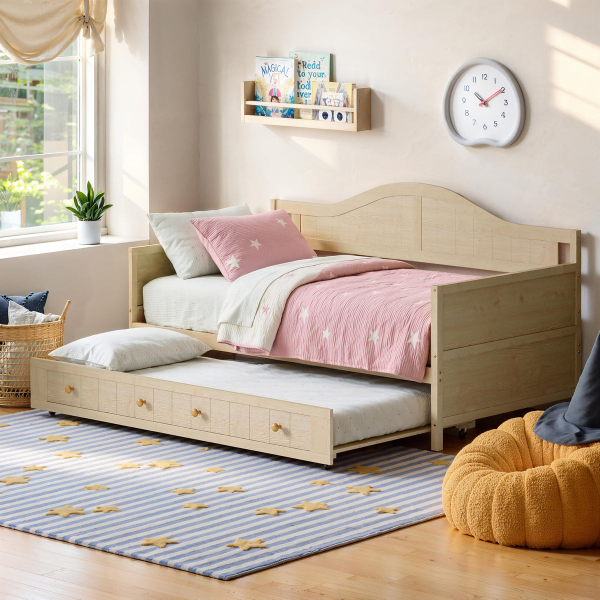 Twin Size Wood Daybed with Trundle, Mid-Century Modern Daybed with Curved Headboard, Twin Trundle Bed with Wood Slat