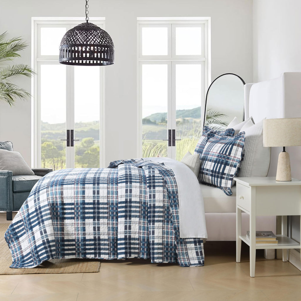 100% Cotton Blue White Red Plaid Quilt, Gingham Comforter