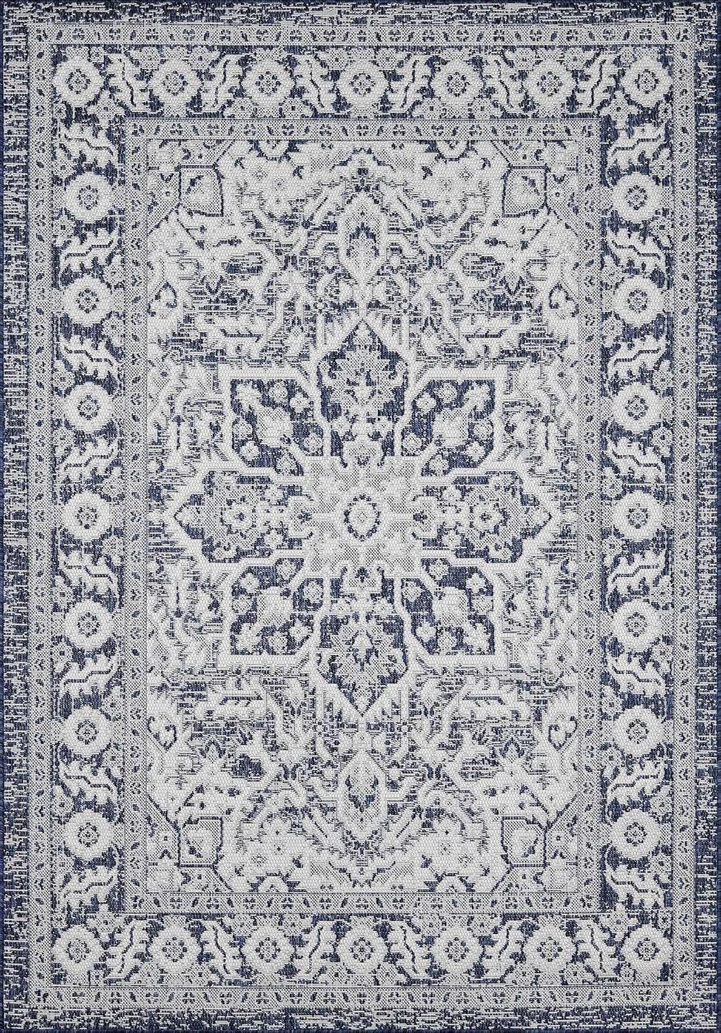 Etoile Living Room, Bedroom Patio Outdoor Area Rug - Medallion Border Floral Geometric Distressed - Traditional