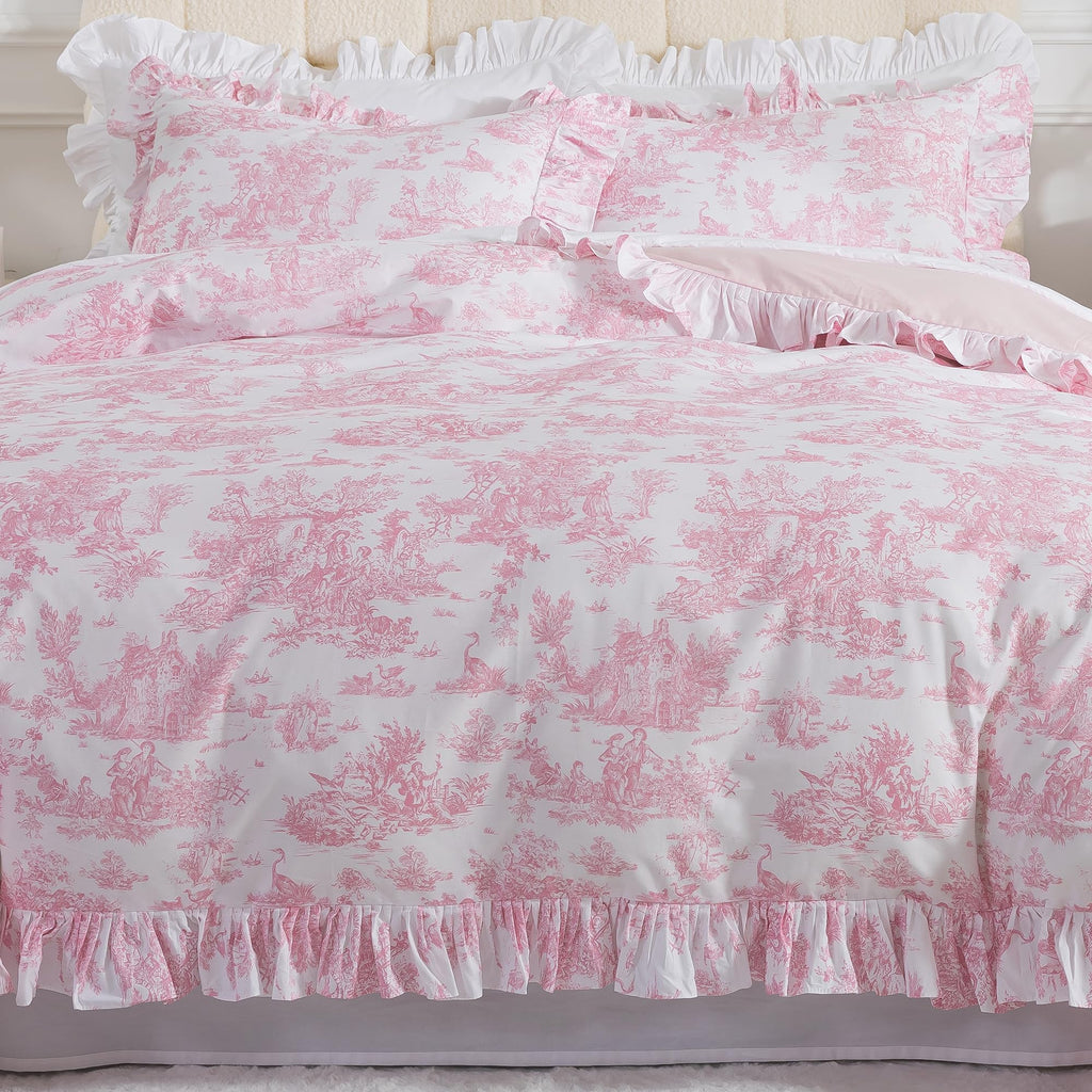 French Country Toile Duvet Cover Set Organic Cotton Farmhouse Bedding Set Pink Pastoral Pattern Breathable